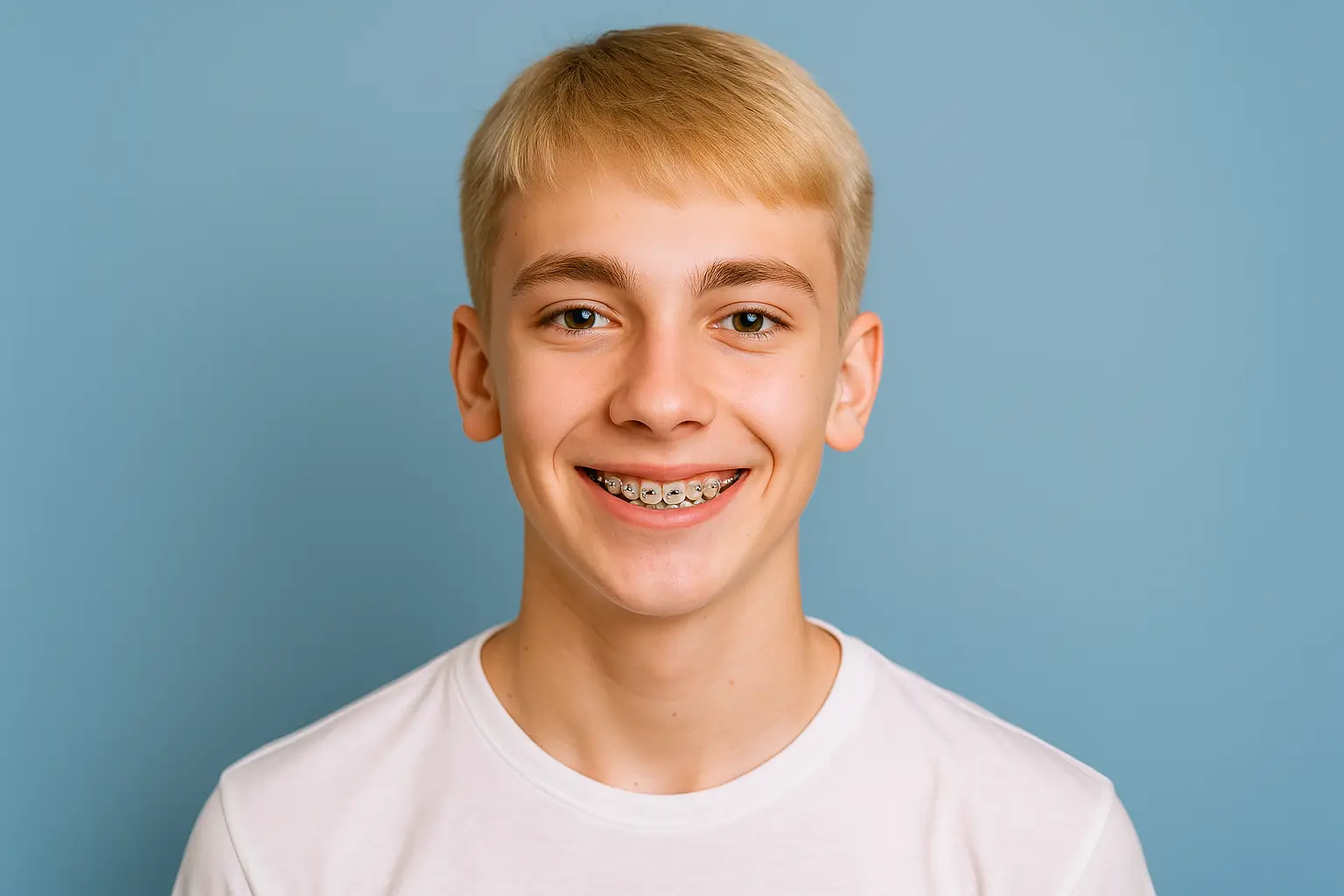 Junge lächelnd mit Zahnspange nach Besuch beim Kieferorthopäden.